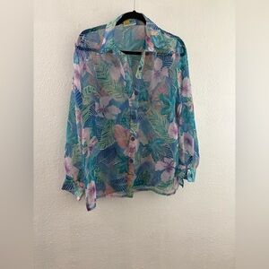 Sea Suns vintage sheer tropical print button-down long sleeve blue shirt size M